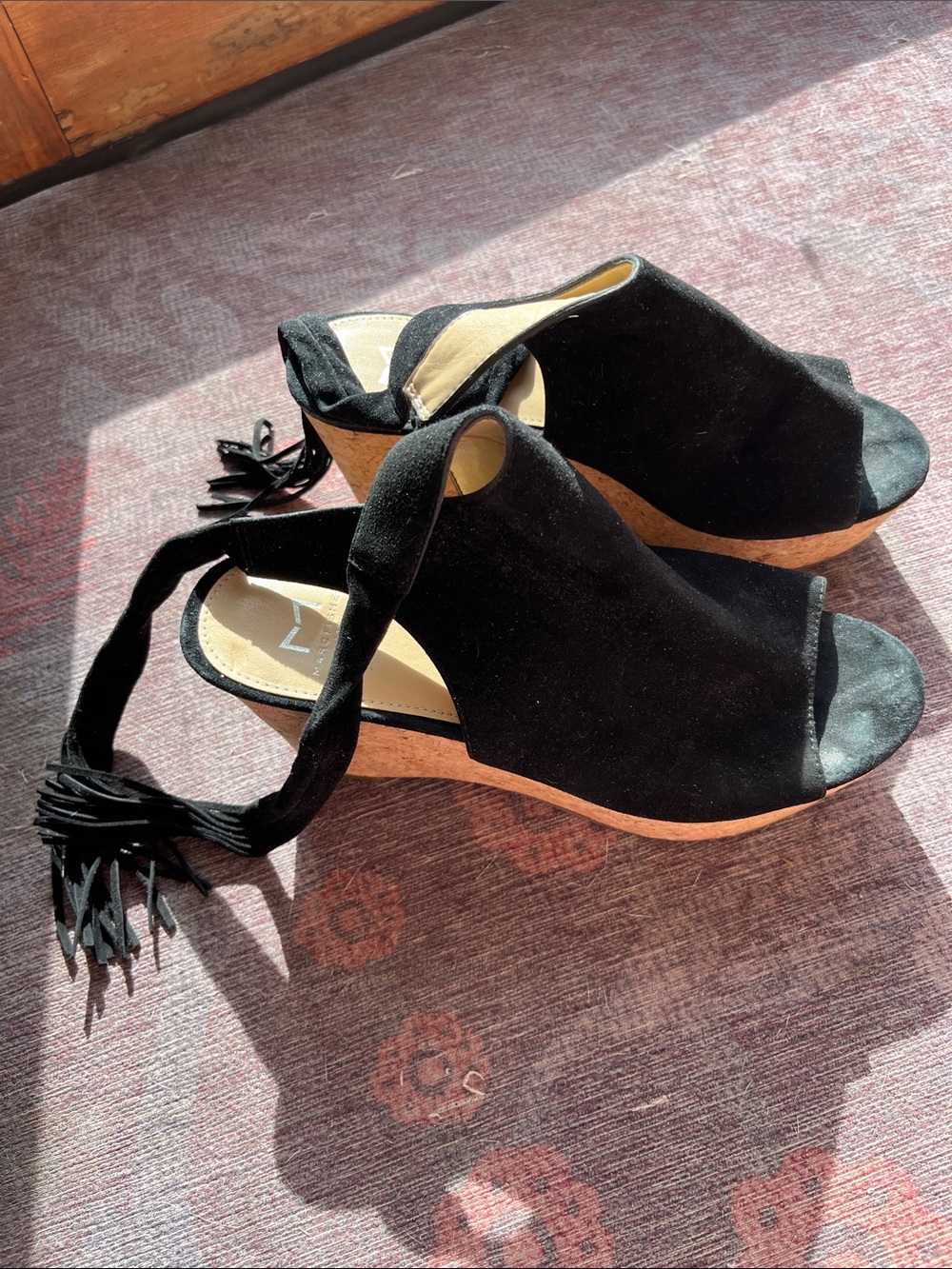 Marc Fisher Black Suede Peep-Toe Wedge Sandals with Wrap Tie